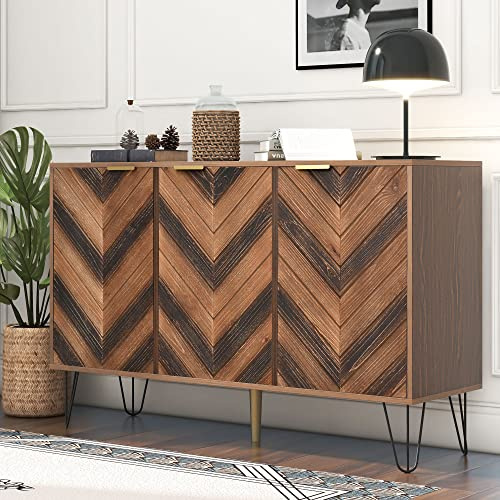 Sweiko - Commode rétro de 119,4 cm avec trois portes, en bois, marron, pieds en métal, noirs, avec étagère réglable, armoire polyvalente pour couloir, chambre, salon, salle de bain, chambre d'enfant