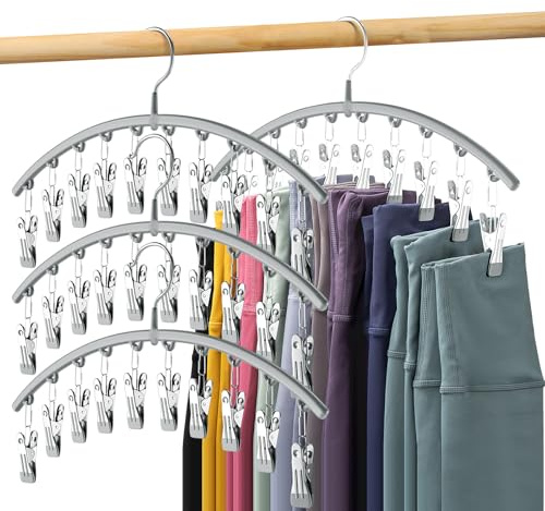 Volnamal Legging-Organizer, Metall-Yogahosenbügel mit Gummibeschichtung, 4 Stück, 10 Clips für 40 Leggings, platzsparend, zum Aufhängen, Schrank-Organizer, Grau