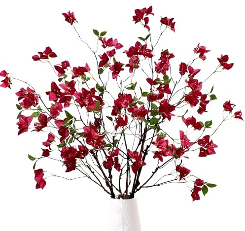 Artificial Bougainvillea Flower Branches Silk Bougainvillea Stems with Dried Tree Twigs Real Touch Faux Greenery Stems for Home Indoor Outdoor Decor Floral Bouquet Arrangements (Fuchsia - Pack of 4)