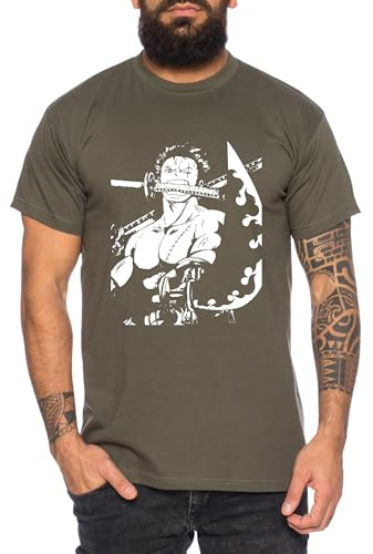 Zoro Sword - Herren T-Shirt Straw Hat Luffy Zoro One Monkey D. Pirat Ace Piece Goku Anime Ruffy, Größe:M, Farbe:Khaki