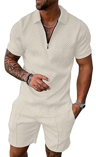 Fastkoala Mens Short Sets Tracksuits Suit Print Sweatsuits Polo Tops & Shorts Zip Gym Joggers Beach Outfits 2 Pcs Khaki XXXL