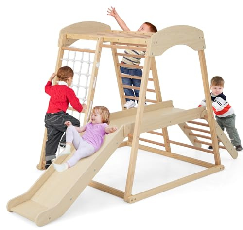 Costzon Indoor Playground, 6-in-1 Montessori Jungle Gym with Beech Wood Climbing Toys for Toddlers with Slide, Climbing Net, Monkey Bars, Wooden Playground Climber Playset for Kids Gifts (Natural)