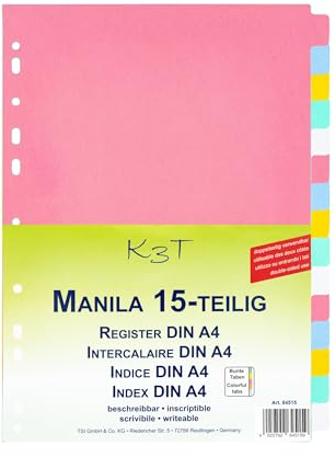 K3T Register 15tlg. aus stabilem Manila Karton mit bunten Taben, Art.Nr. 64515