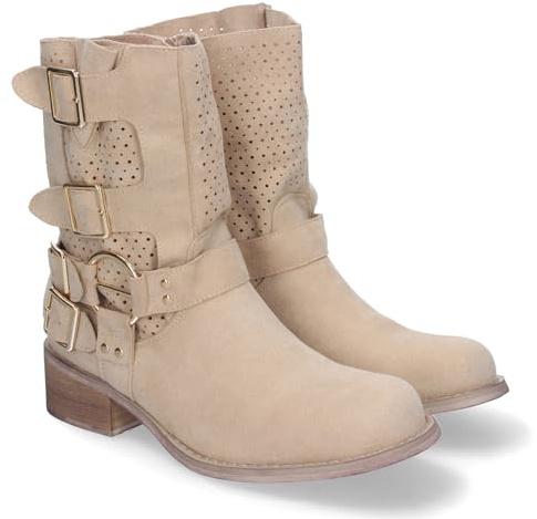 82483-Botines de Mujer con Tacon Bajo y Adornos de Hebillas, Cana Calada, Cremallera Lateral, Punta Redonda, Toda Ocasion. Talla 38 Beige