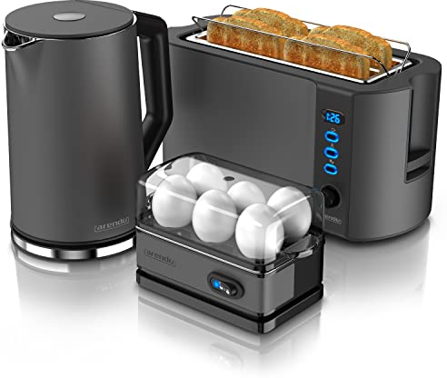 arendo Ensembles Bouilloire et Grille-Pain et cuiseur à Oeufs Bouilloire en INOX 1,5L 40°-100°C, Toaster 4 Tranches Ecran LED 6 Niveaux de brunissage, Cuiseur à Oeufs 1-6 Oeufs, Verre doseur