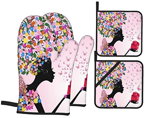 4Pcs Oven Mitts And Pot Holders Pink Butterfly Girl Teacup Flower Dress Fairy Angel Wing Fantasy Folk Print Oven Gloves Printed Soft Cotton Lining Bbq Gloves, For Grill, Baking