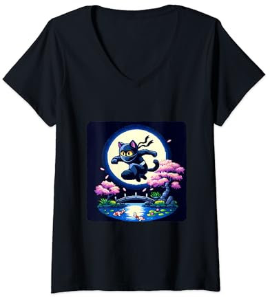 Mujer Gato Pixelado Ninja Maniobras a través de la noche iluminada por la luna. Traje Camiseta Cuello V