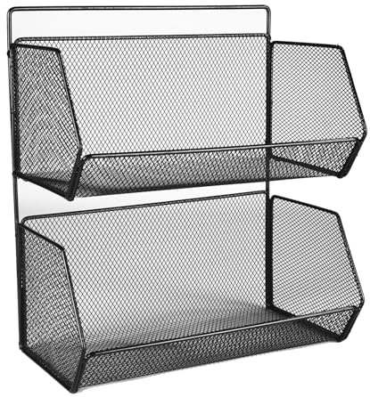 Gzsekken Wall Basket,Metal Wire Baskets for Kitchen Cupboards,Wall Organiser Kitchen 2 Sections Shelf Baskets No Drilling Adhesive Hanging Storage Organiser Vegetable Rack for Shower,Black