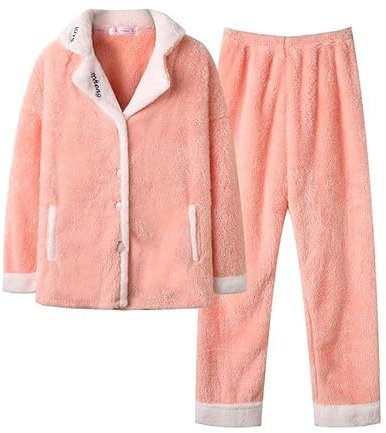 Schlafanzug für Damen, Winter, Flanell-Pyjama, superweich, warm, lange Ärmel, Damen-Pyjamahose mit Taschen, lockerer Komfort, Damen-Pyjama, Fleece, Knopfleiste, superweiches Damen-Pyjama-Top, rose,