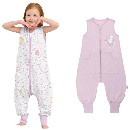 LAT Baby Schlafsack mit Füßen 2er Pack, Baby Sommerschlafsack mit Füßen, 0.5 TOG Kinder Schlafsack mit Beinen, 100% Baumwolle Kinder Sommerschlafsack mit Taschen für Jungen Mädchen(Kaninchen+Weiß, XL)