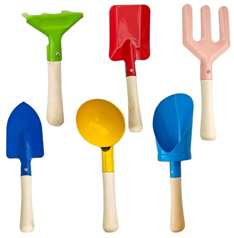 Kids Garden Tools, 6 PCS 8 Beach Toys Made of Metal with Sturdy Wooden Handle, Beach Snow Toys Cylinder, Spoon, Fork, Rake, Flat & Pointed Shovels for Children