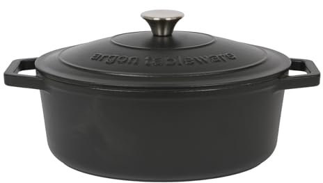 Argon Tableware 4.68L Oval Cast Iron Casserole Dish with Self-Basting Lid - Matt Black - 2.3L & 4.68L Induction Hob Cooking 4.84QT Dutch Oven Bread Baking Serving Roasting Stew Stock Pot Cookware Pan