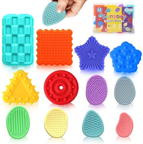 12 Pcs Jouet Fidget Toys Anti Stress, Sensorielle Silicone Pierre et TDAH, Objet Antistress, Autisme, Texture Fidgets Finger Toy pour Enfant et Adulte, Worry Stone Jouets avec Boîte en Plastique