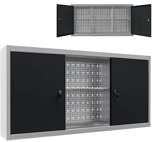 LVHUIDEH Wand Werkzeugschrank, Metallschrank, Abschließbar Hängeschrank, Werkstattschrank mit Verstellbaren Regale, 120 x 19 x 60 cm, Industriedesign, Schwarz/Grau