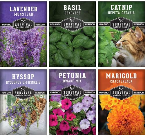 Pest Defense 6 Pack Seeds for Planting - Heirloom Lavender, Hyssop, Catnip, Marigold, Petunia, Basil - Natural Pest Deterrents for Outdoor & Indoor Spaces - Survival Garden Seeds