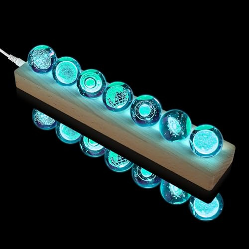 luolety Boule de cristal de verre en 7 couleurs avec lumière LED sur pied en bois, 40 mm, quartz chakra cristal, boules de guérison, boules spatiales, veilleuse pour un usage domestique (Planet,Bois)