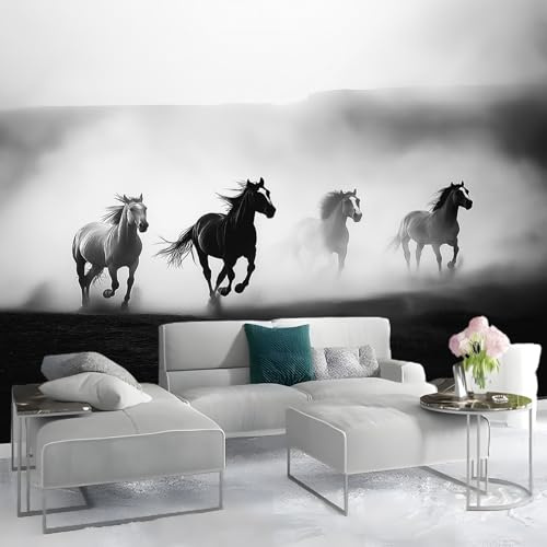 Fotomural Caballos Corriendo Arte Blanco y Negro Dinámico No Tejido Decorativos Murales 350 x 256 cm Decoración comedores, salones, habitaciones... Colores fríos blanco y negro