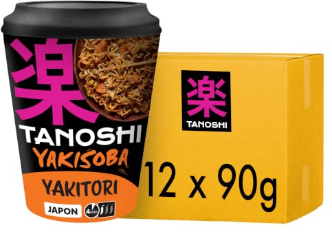 TANOSHI - Cup Yakisoba Yakitori - Nouilles Instantanées Wok - 12 x 90 g | Prêt en 4 Min - 1 personne
