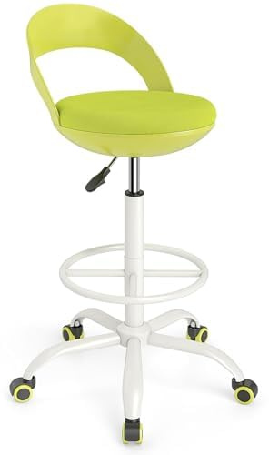 FANTASK Taburete con Ruedas y reposapiés, Altura Regulable 70-82 cm, Taburete Giratorio, Taburete de Oficina, Taburete de Trabajo con Respaldo para Estudio de Arte, Dibujo, salón, Oficina y Bar en