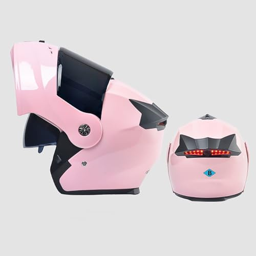 BDBLFLTZ Casque Moto intégral, Double visière Rabattable, modulaire, avec feu arrière à LED, pour Hommes Adultes Pink B
