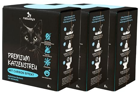 Fellbuddy’s Klumpstreu für Katzen – feines Bentonit Katzenstreu Klumpstreu fein – staubfrei, saugfähig, geruchsbindend – Babypuderduft oder Carbon Effekt – 6L & Sparpack (3X 6L Carbon Effekt)