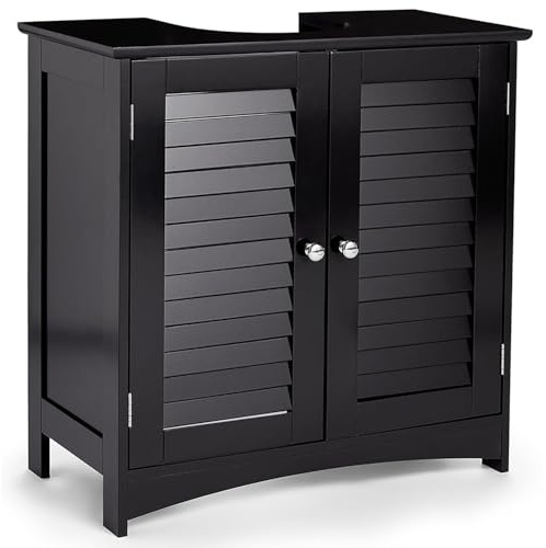 Taylor & Brown Black Under Sink Storage Cabinet – Freestanding Bathroom Cupboard with Shutter Doors & 2 Internal Shelves – Space-Saving Under Basin Unit