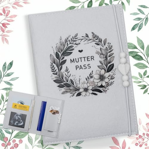 Mutterpasshülle Filz Weiß für deutschen Mutterpass – mit Ultraschallbild Fach & Kartenfächern – Dokumentenmappe Schwangerschaft – Geschenk für werdende Mütter – FELTURA
