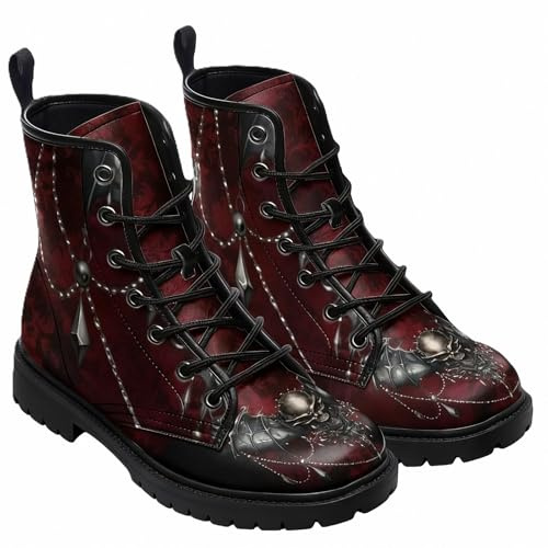 FQLGJMY Bottines Pour Femmes Gothique Motif Tête de Mort Fleurs Roses et Flammes Lacets Cuir Céger Plateforme Bout Rond, parfaites Jeans Robes Mode Décontractée Au Quotidien Voyages Soirées