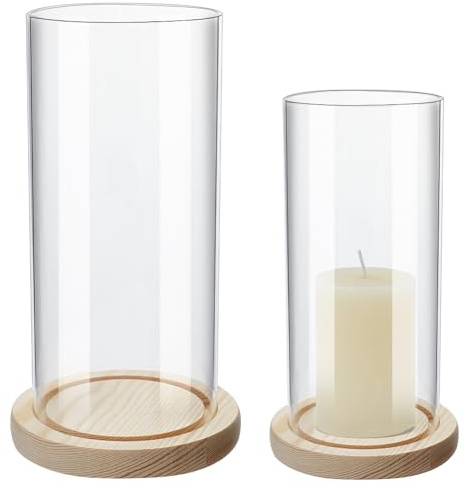 WEBEEDY Set di 2 portacandele a colonna in vetro trasparente con vassoio in legno, 2 misure, design classico cilindrico antivento per matrimoni, Natale, decorazione da tavolo, centrotavola