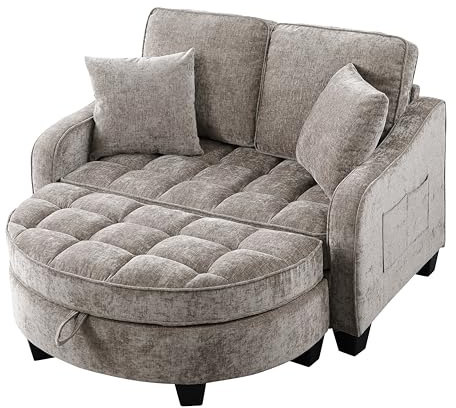 Sovsoffa med sovfunktion och justerbart ryggstöd, 2-sits vikbar soffa med halvrund fotpall, sidofickor, fotpall med förvaringsutrymme, 129×132×93cm, HNDE202511107 (Brun)