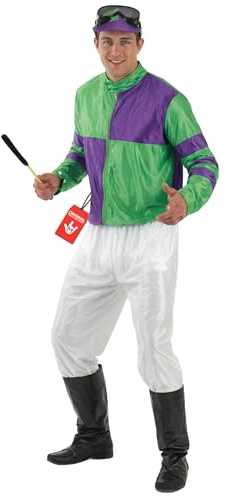 Fun Shack Jockey Kostüm Herren, Pferderennen Halloween Kostüm Herren | Oberteil, Hose, Hut & Brille, Grün-Lila Design, Zum Überziehen, Perfekt für Halloween, Ideal zum Verkleiden