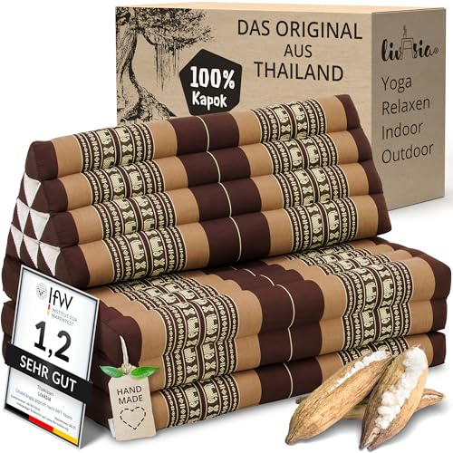 livasia Thai cushion with 3 seat rests for couples - 75x31x3.1″ - XXL, Triangle cushion with folding mattress, Extra wide, kapok, Back support cushion, Thai mat, folding (Brown/Elephants)