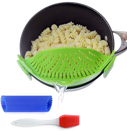 Clip On Kitchen Food Strainer for Spaghetti, Meat, Pasta, & Ground Beef Grease, Colander & Sieve Snaps or Clips Onto Bowls, Pots & Pans Includes Silicone Drainer, Brush & Garlic Peeler (Green)