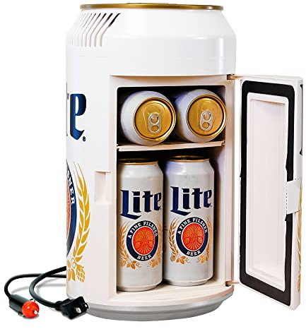 Miller Lite 8 Can Thermoelectric Mini Fridge 5.4 L/ 5.7 Quarts Capacity, 12V DC/110V AC cooler for home, den, dorm, cottage, cabin, beer, beverages, snacks, skincare, cosmetics, medication