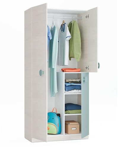 Habitdesign Armario Juvenil 3 Puertas, 200x90x52 (AltoxAnchoxFondo - en cm), Color Blanco Alpes y Verde Acqua
