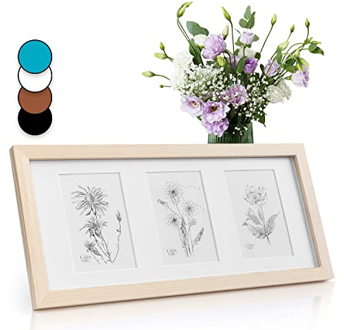 Classic by Casa Chic - Rectangular Multi Photo Frame for 3 Photos 10 x 15 cm Triptych Frame or Panoramic Photo Solid Pine Wood Acrylic Glass Window - Unpainted
