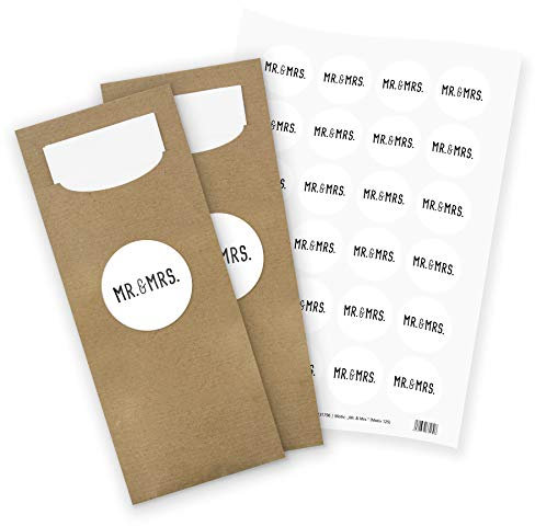 itenga 24x Bestecktasche braun + Aufkleber Mr. & Mrs. Tischdeko zur Hochzeit (Motiv 125)