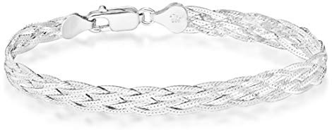 Miabella Italian 925 Sterling Silver, Tri-Color 18K Gold Plated 6-Strand Diamond-Cut 7mm Braided Herringbone Chain Bracelet for Women, Made in Italy (SI, Length 8 Inches)