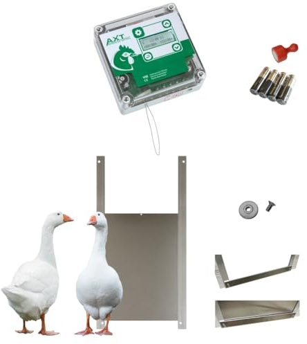 Set VSE 3 – Automatische Hühnerklappe VSE mit Batterien, integrierte Zeitschaltuhr, Gänsetür 33x50 AXT-Electronic