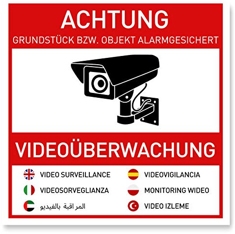 7 x Aufkleber Videoüberwachung (10 x 10 cm) - Schild - Hinweisschild - Warnschild - Achtung Videoüberwachung - Warnhinweis - Videoüberwachung Aufkleber Mehrsprachig (10x10cm) - V2