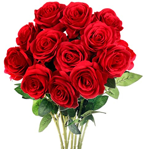 Mocoosy 12PCS Red Artificial Rose Flowers, Silk Roses Single Stem Realistic Fake Rose Bouquet for Wedding Bridal Shower Home Garden Decorations