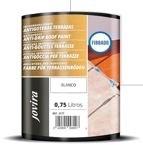JOVIRA PINTURAS | 1 Kg| Pintura Impermeabilizante Antigoteras con Fibras – Sella Goteras y Grietas – Pintura Elástica para Terrazas, Tejados y Medianeras. (750 Mililitros, Blanco) F-22
