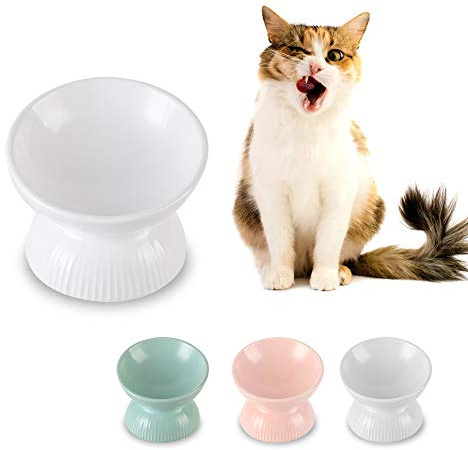 Cerámica Cuenco para Gatos Elevado - Comedero Inclinado contra Vómitos para Gatos Pequeños - Apto para Microondas y Lavavajillas - 125 ml - 12,5 cm