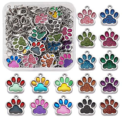 Beadthoven - 38 colgantes con estampado de huellas de gato y perro, esmaltados, coloridos con purpurina, diseño de huellas de animales, con anillos de salto, cierres de pinza de langosta