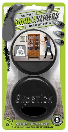 GorillaSliders 3-1/2 Inch Round Furniture Sliders for Carpet & Rugs (8 Pack) Premium Reusable Furniture Movers, Protects Carpeting & Makes Moving Heavy Furniture Easy, Black, CB131