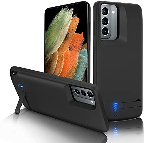 Gladgogo Akku Hülle für Samsung Galaxy S21(4800mAh 6.2 Zoll), Akkuhülle mit Ständer und hoher Kapazität,Schnellladbarer Akku mit USB-C, Tragbares Batterieladegerät Hülle Ladehülle Akku, Schwarz