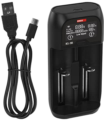 EMOS Universell batteriladdare för AAA, AA, C, SC-batterier/smart laddare för Li-ion, LiFePO4, NiMH, NiCd batterityper USB-kabel 5 V/2 A N9221