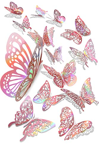 60 Pcs 3D Wall Decor Stickers - Iridescent Rose Gold Butterfly Decorations, Holographic Butterflies for Kids Bedroom, Classroom, Wedding Decor, DIY Gift