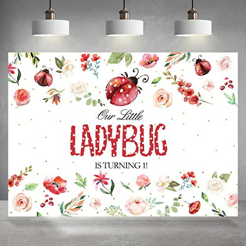 Rsuuinu Marienkäfer-Thema 1. Geburtstag Party Hintergrund Mädchen erster Geburtstag Hintergrund Our Little Ladybug is Turning One Kids Happy 1st Birthday Party Dekorationen Supplies Banner Photo Booth
