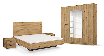 Rauch Möbel Florenz, Schlafzimmer-Set, Farbe Eiche Artisan, 4-teilig | Set bestehend aus Bett, Liegefläche 180x200cm, Nachttisch-Paar 2 Schubladen 40x36x40cm, Kleiderschrank, Spiegel 181x210x54cm